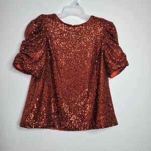 Anthropologie Rust Copper Sequin Puff Sleeve Party Blouse US 2 UK 6 EU 34